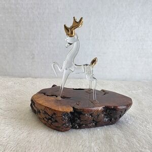 Vintage Glass Reindeer Figure Gold Trim on Burl Wood Base Cabincore